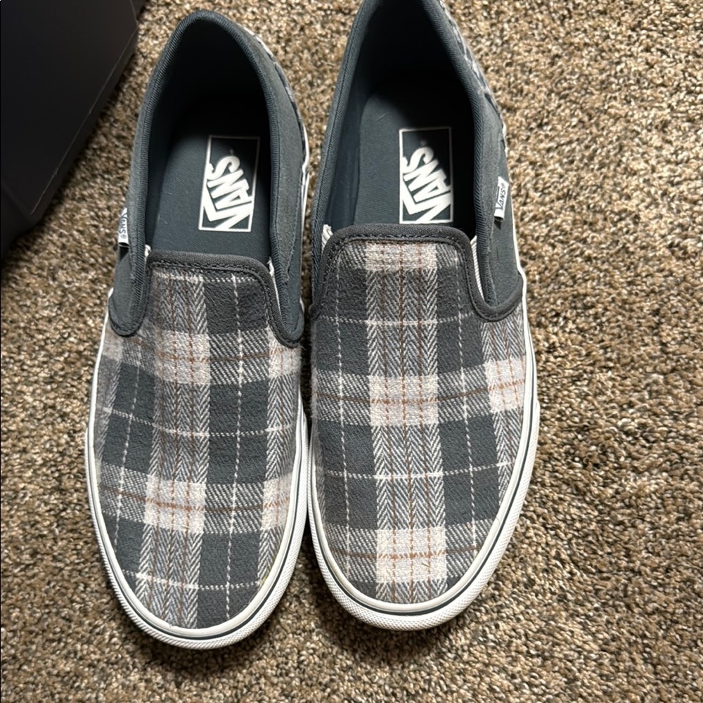 Vans Gray, Blueish and White Plaid Slip-On Sneakers